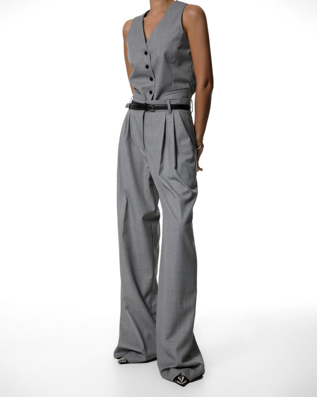 sharkskin fabric pin tuck wide pants